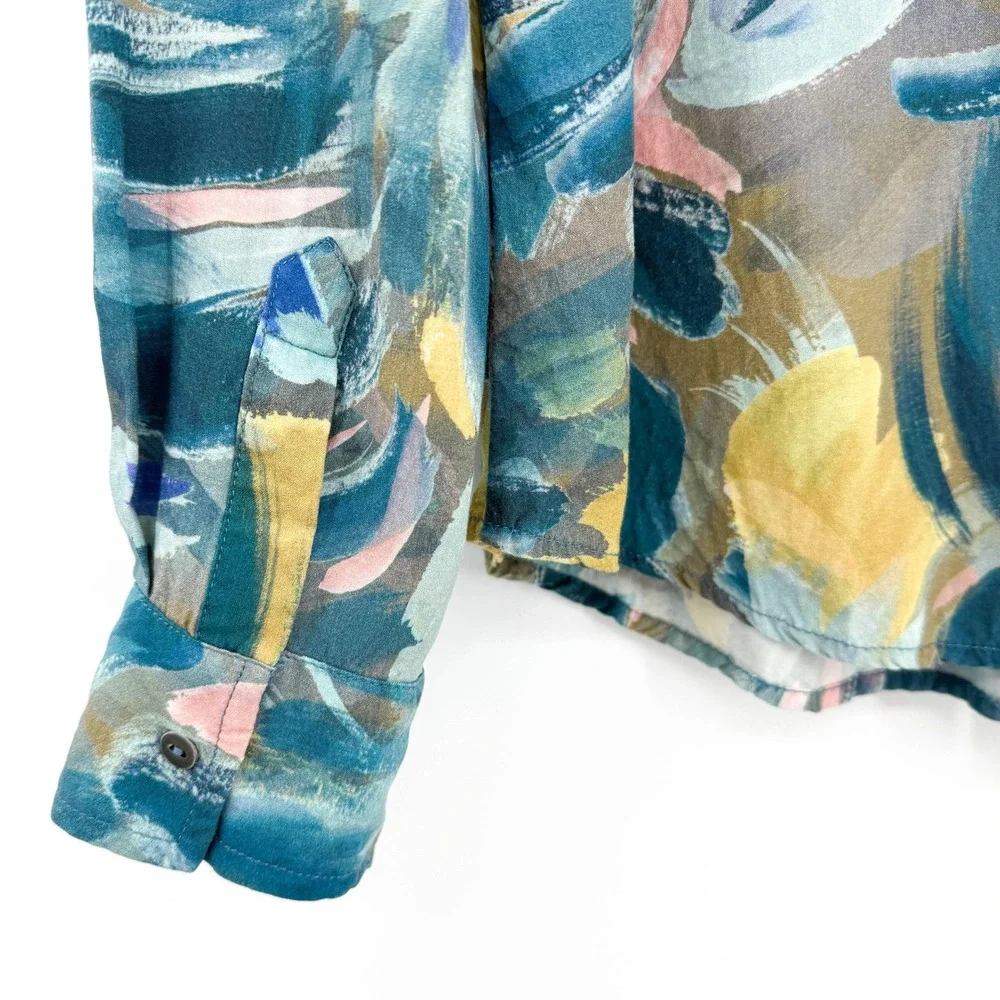 FDJ French Dressing Jeans Abstract Brushstroke Button Down‎ Blouse Teal Small